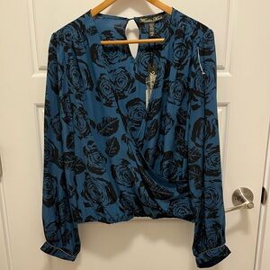 Winter Kate Silk Blue and Black Rose Blouse Size L